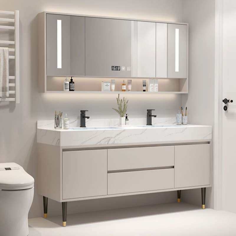 奶油风浴室柜组合落地柜款岩板一体无缝盆卫生间洗手洗漱双盆款式