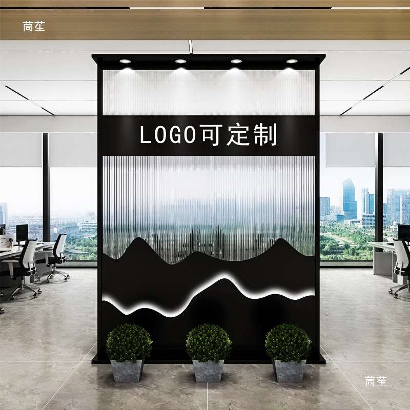 办公室logo屏风隔断公司进门玄关前台玻璃铁艺背景遮挡形象墙图片