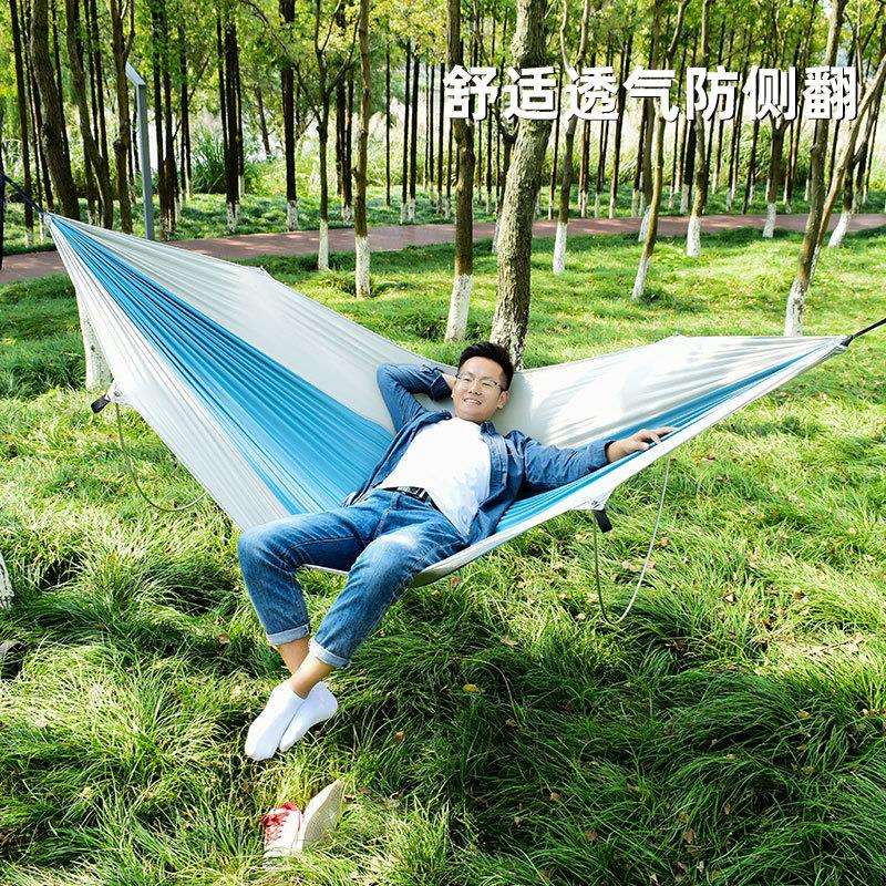 新款防侧翻撑杆吊床户外野营单人双人加大加厚降落伞布露营吊床