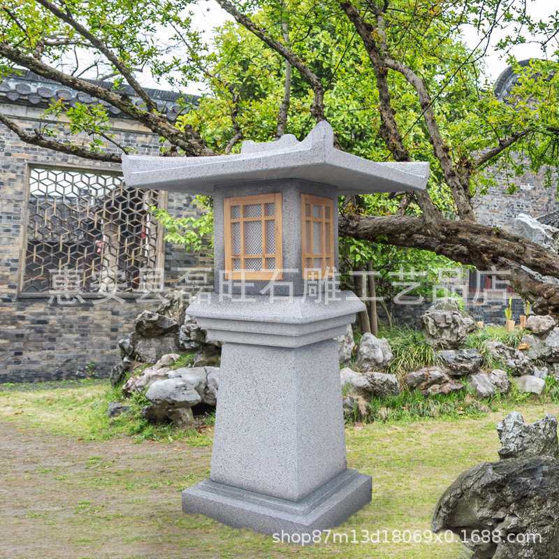石雕柱头灯太阳能石灯笼现代风日式庭院广场大理石摆件草坪灯一对