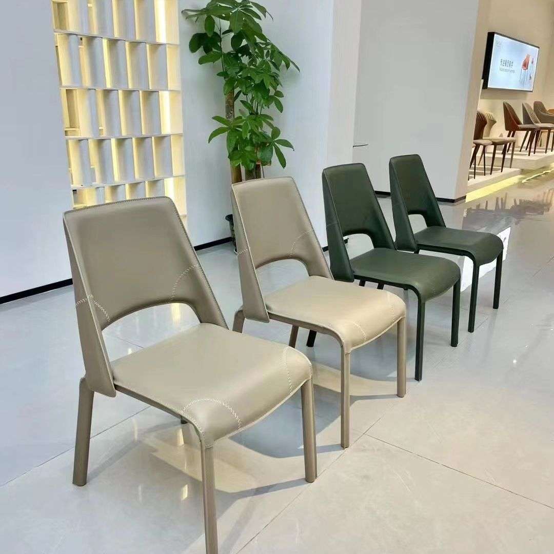 马鞍皮意式餐椅极简风北欧轻奢家用椅子厚皮靠背椅设计师椅墨绿色