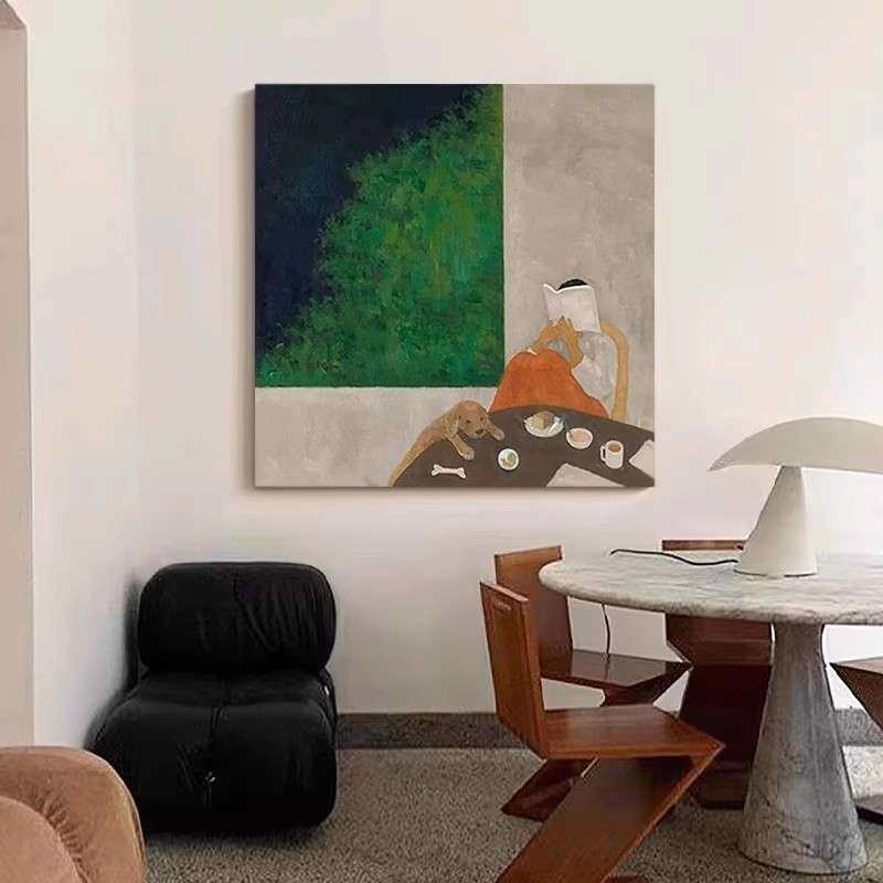 手绘抽象人物油画方形装饰画简约卧室壁画高级肌理咖啡室餐厅挂画