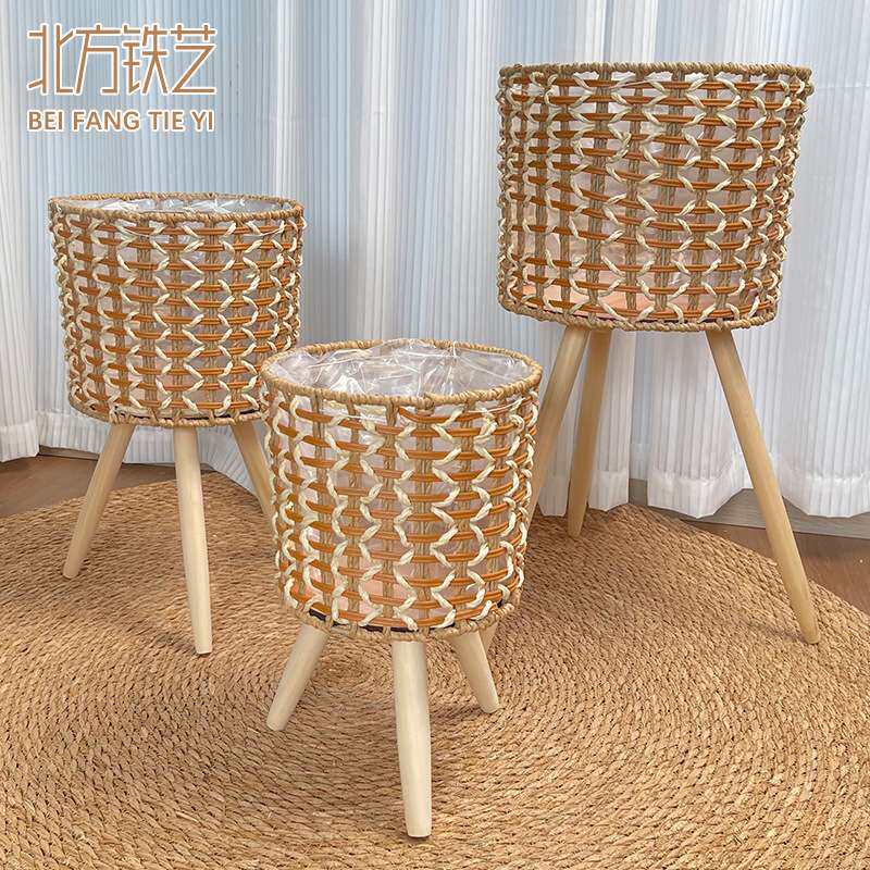 北欧藤编花架客厅阳台装饰富贵竹虎皮兰落地植物架电视柜编织桌面