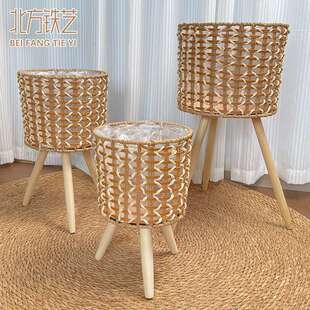 北欧藤编花架客厅阳台装饰富贵竹虎皮兰落地植物架电视柜编织桌面