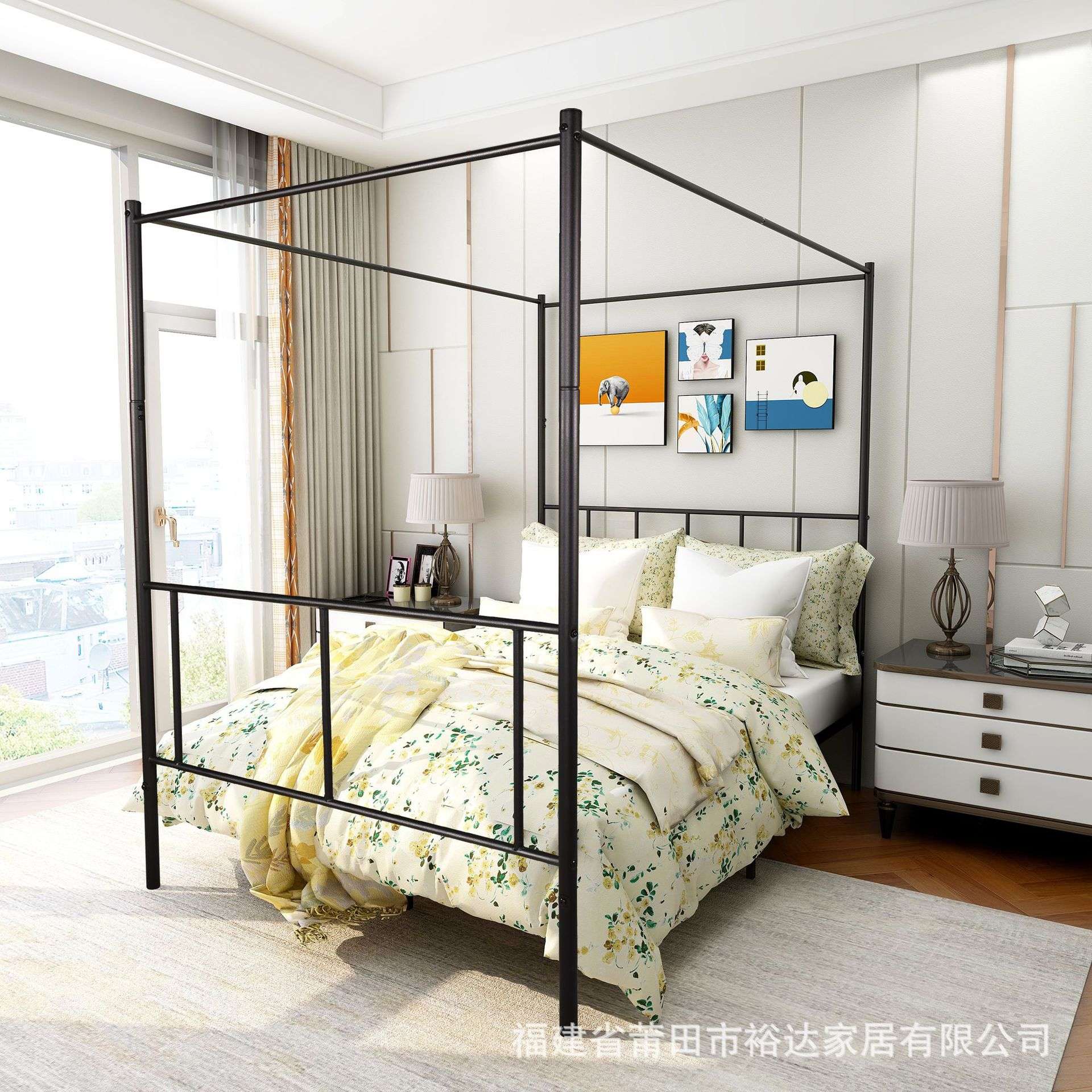 宫廷风单层蚊帐床坐卧两用铁架沙发床家用铁艺天蓬床1.5米双人床