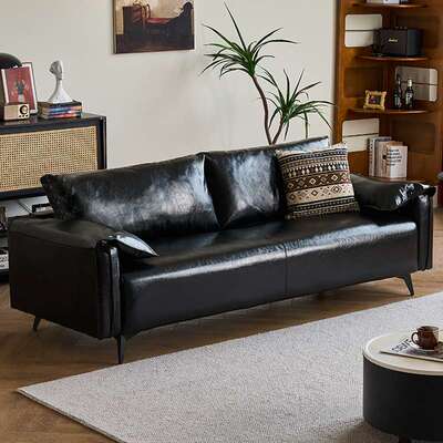 黑色沙发小户型客厅现代简约公寓卧室复古油蜡皮艺双人沙发直排