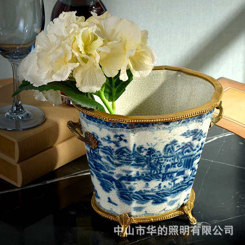 欧式美式中式复古摆件 陶瓷配铜花盆花艺花器花瓶客厅工艺品摆设