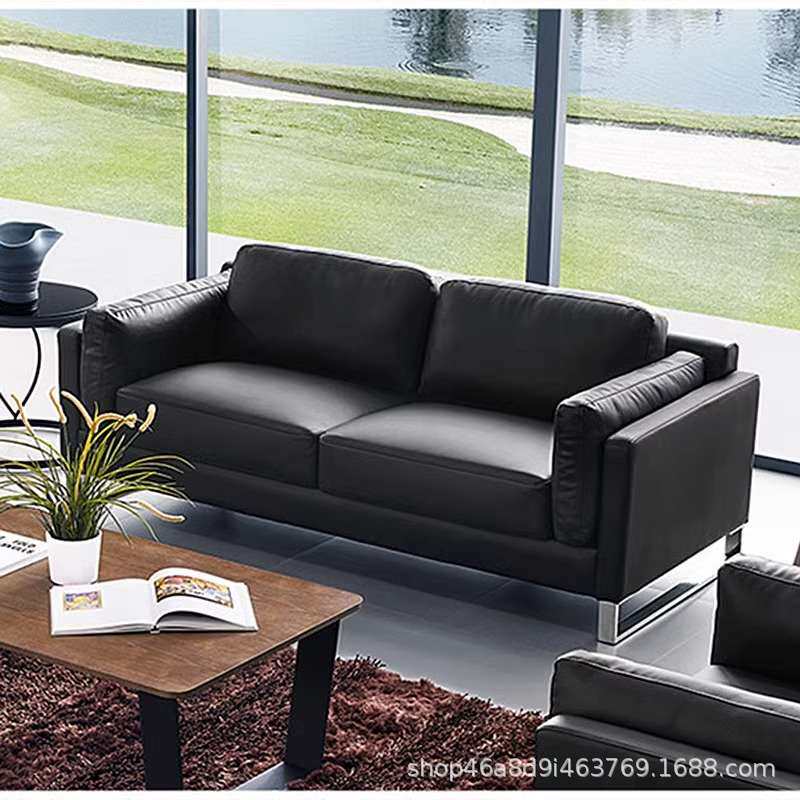 办公商务沙发皮艺黑色哑光简约现代公司接待室洽淡会客区三人组合