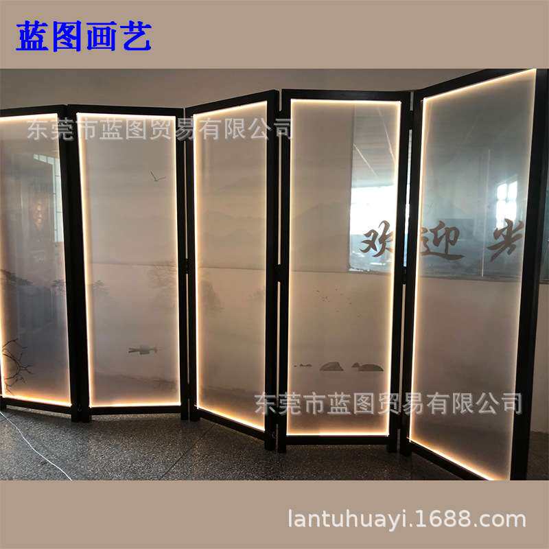 新中式双面半透明纱布画灯带滑轮折叠屏风玄关隔断酒店商用家用