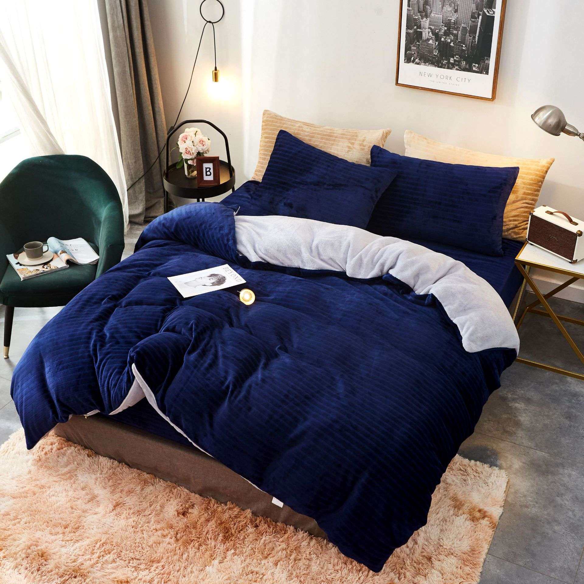 秋冬保暖法莱绒套件纯色加厚双面绒被套床单双拼四件套床单四件套