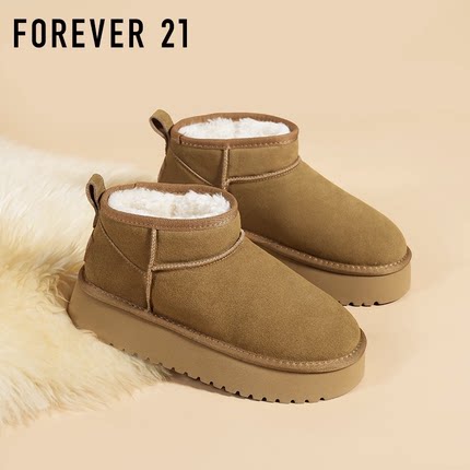 F21厚底短筒牛皮雪地靴女2025新款冬季皮毛一体保暖防寒防水棉鞋