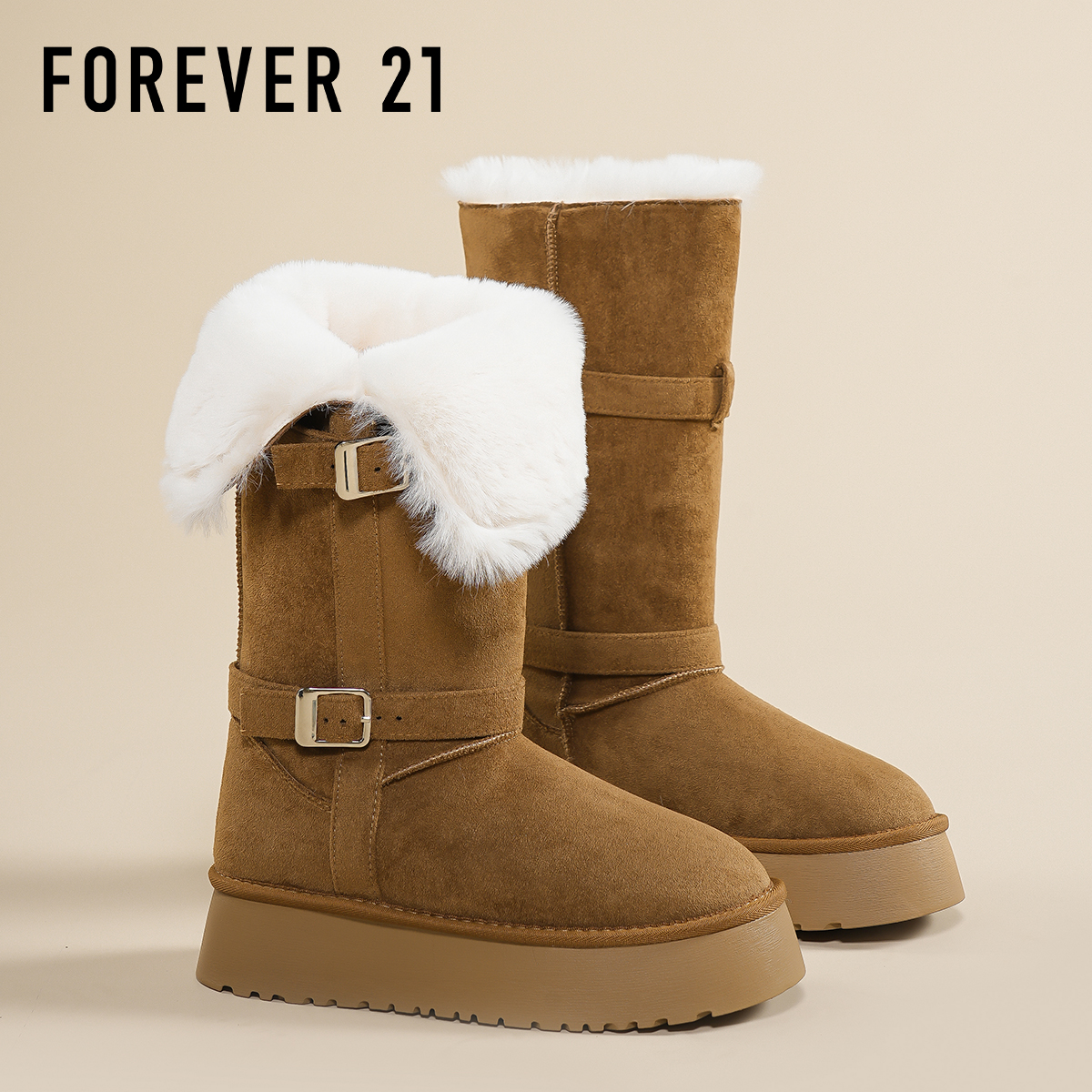 F21厚底加绒长筒雪地靴女新款冬