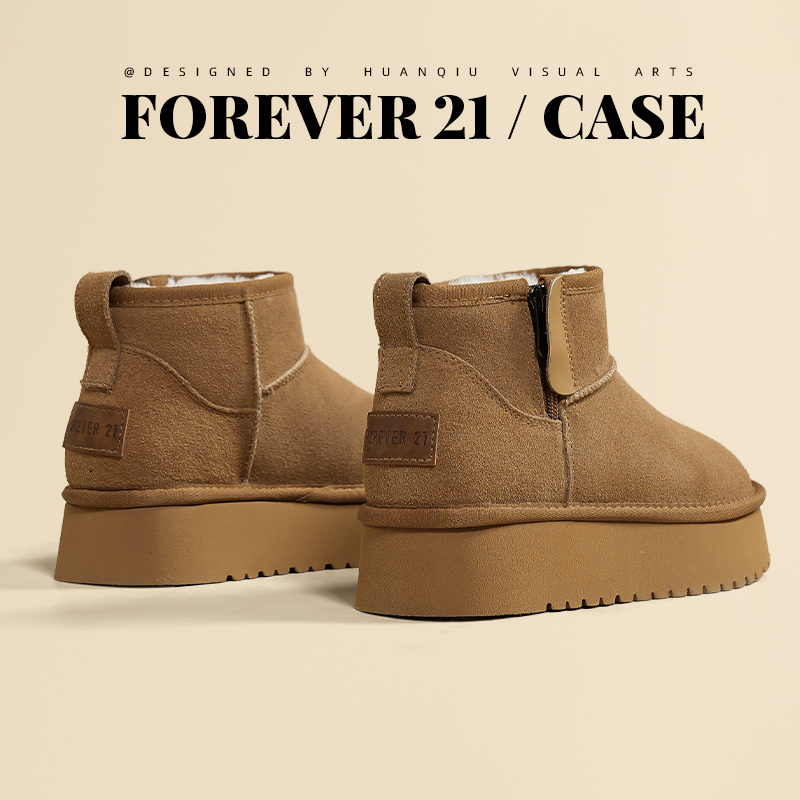 F21侧拉链牛皮雪地靴女2025新款