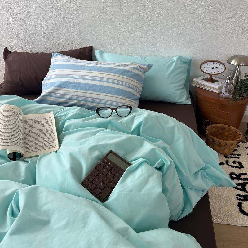 撞色混搭条纹纯棉水洗棉四件套奶油风小清新1.5m1.8全棉床单被套