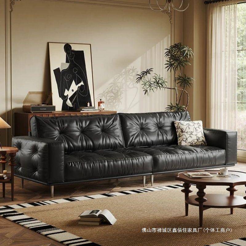 意式极简沙发轻奢复古油蜡皮双三人现代直排客厅小户型中古风沙发