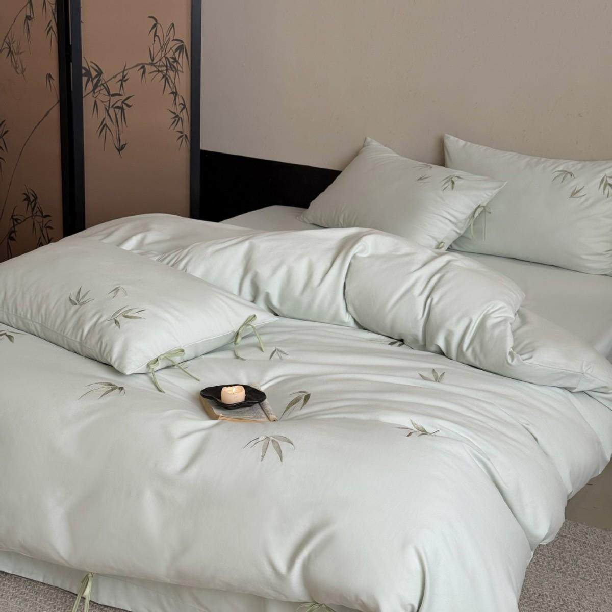 淡雅新绿秋冬全棉磨毛四件套轻奢风竹子刺绣套件纯棉被套床单加厚