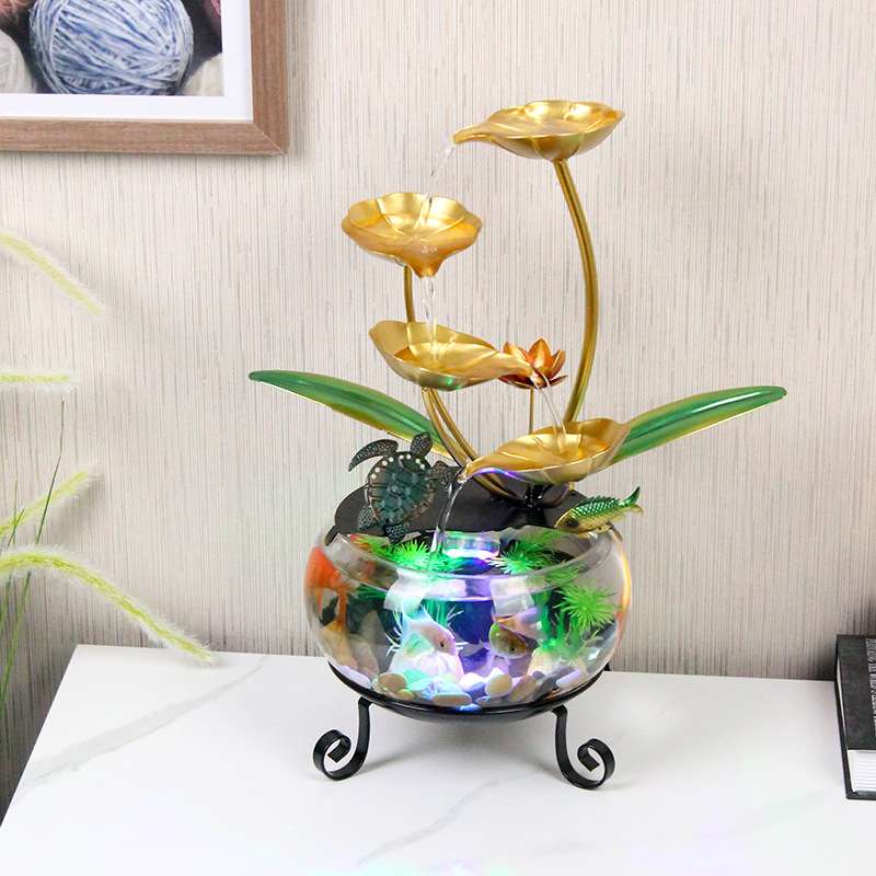 简约桌面彩灯玻璃鱼缸摆件工艺品招财流水摆件前台办公室茶几摆件