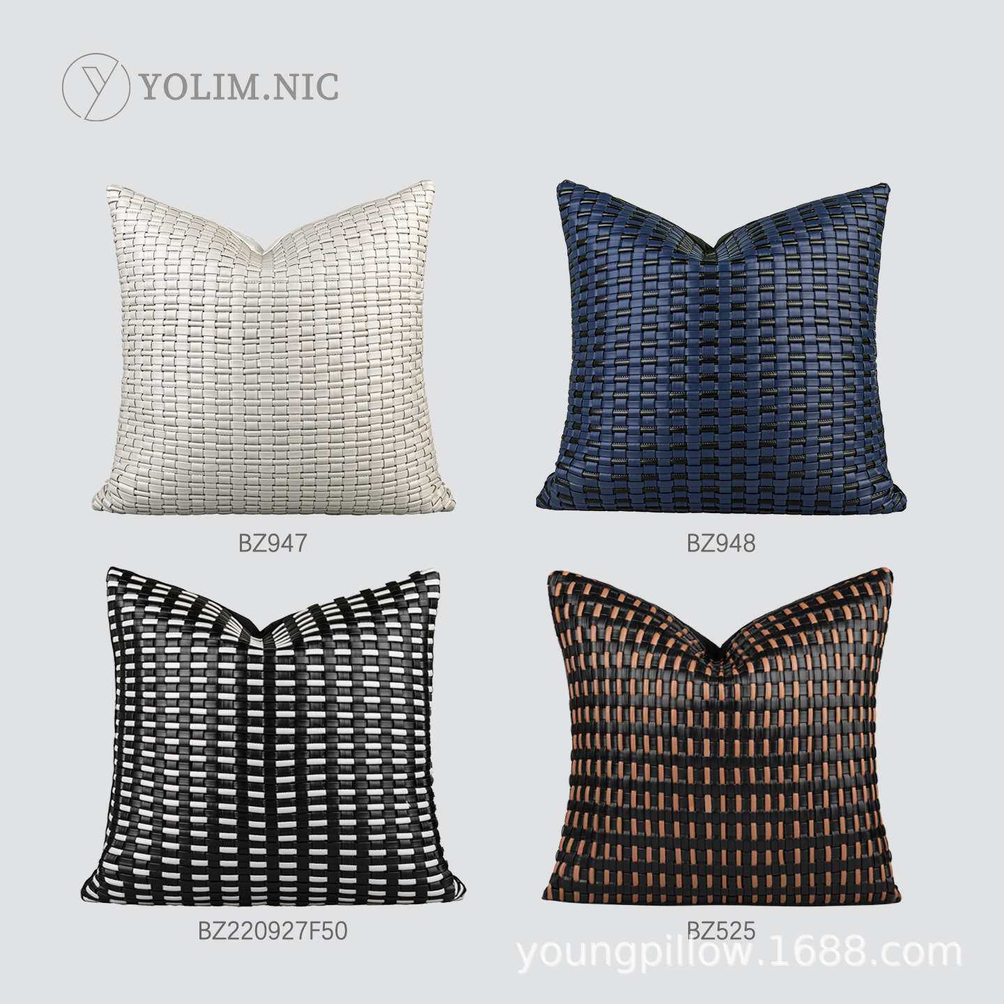 现代简约沙发抱枕蓝黑色皮质手工编织靠垫意式轻奢样板房靠枕腰枕