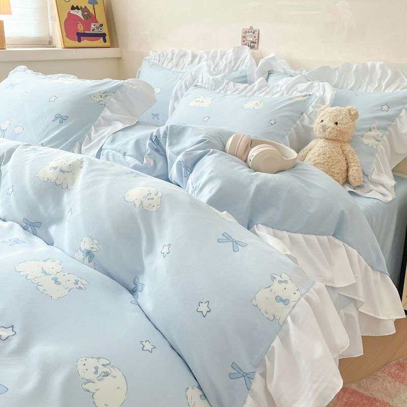 韩式小清新亲肤云柔花边款四件套学生宿舍单双人床单被套三件套