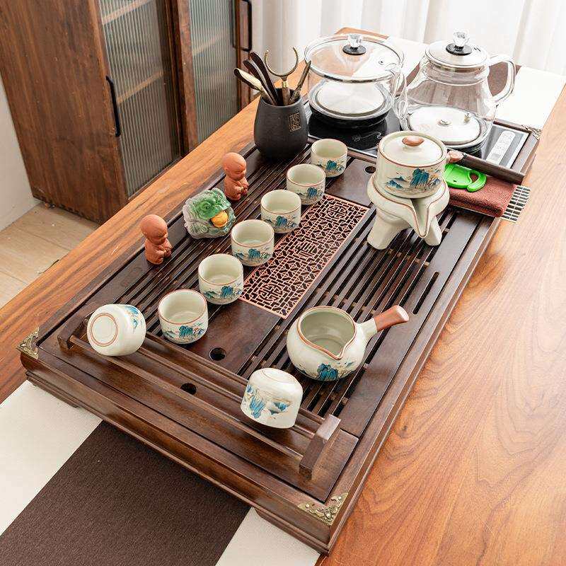 全自动汝窑茶具套装玻璃烧水壶一体茶台上水实木茶盘家用功夫现代