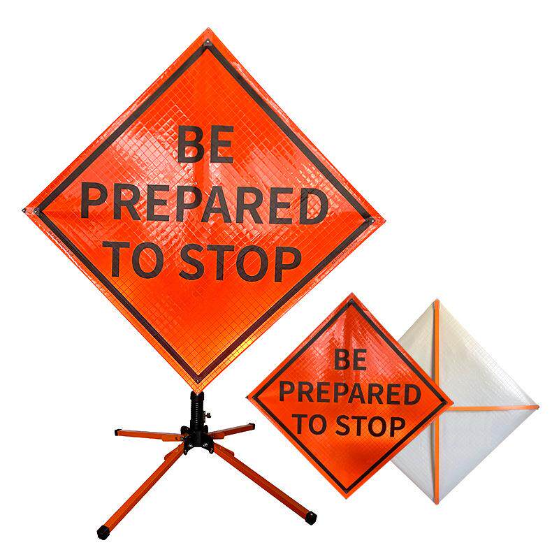 可移动前方施工警示牌橙色柔性折叠卷起交通标志临时道路标志牌