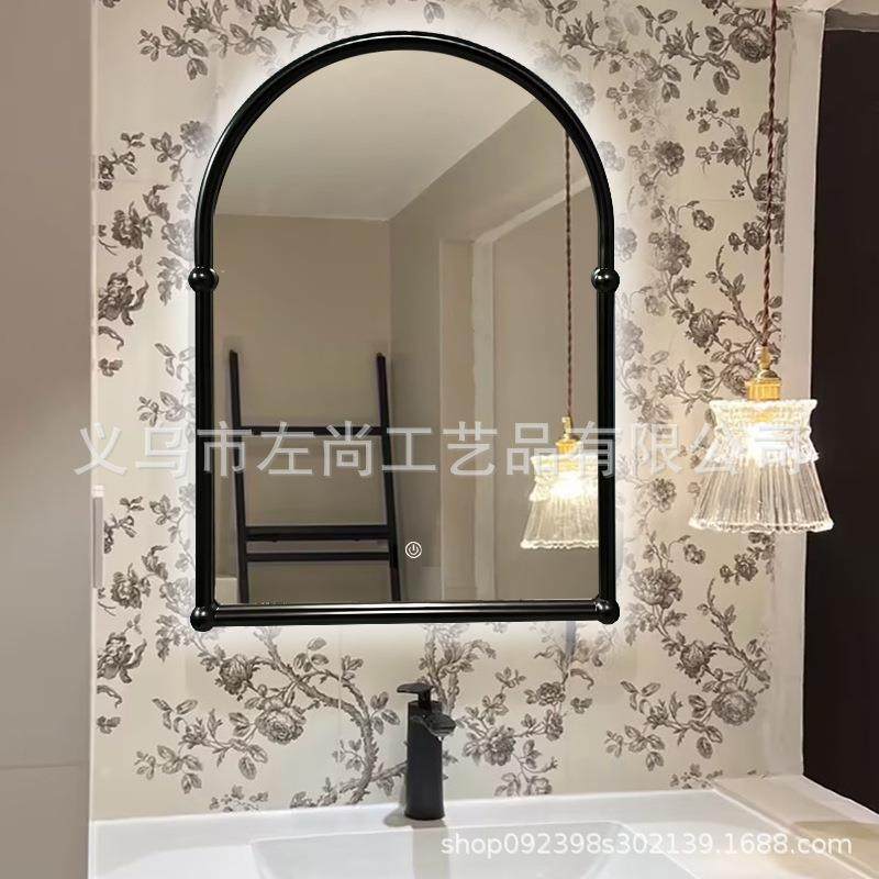 法式复古化妆镜带灯黑色梳妆台壁挂中古风卫生间智能浴室镜子挂墙