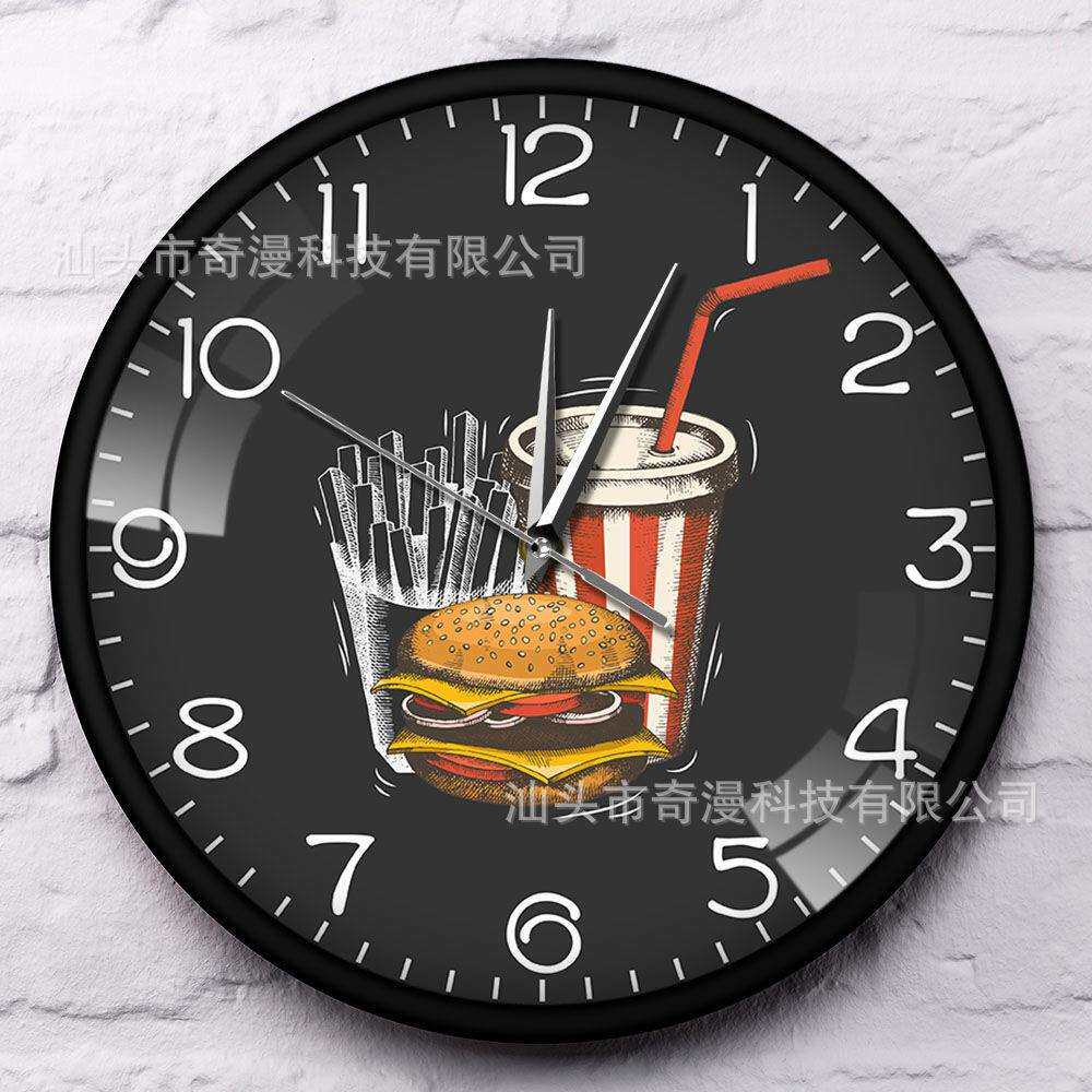 跨境金属外壳挂钟可乐汉堡薯条文化墙钟西式快餐文化装饰时尚时钟