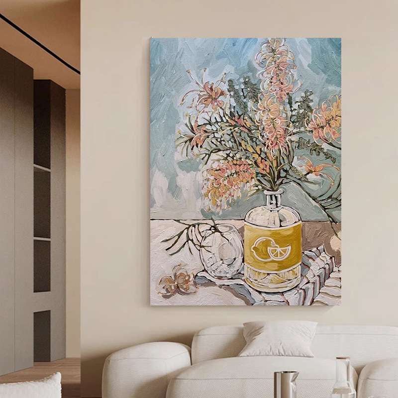 现代风手绘肌理画装饰画客厅玄关餐厅奶油风小众花卉入户丙烯挂画图片