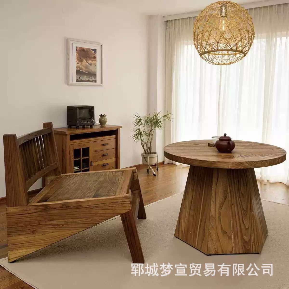 复古老榆木小茶几客厅装饰铁艺腿茶几咖啡桌民宿酒店圆形方形边几