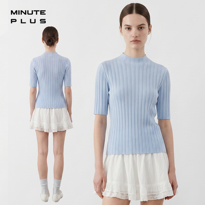 MinutePlus肌理竖坑条圆领针织衫短袖女士夏季舒适体恤衫MP64TE10