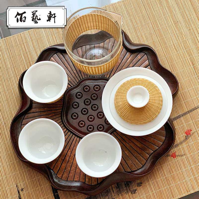 佰艺轩东阳竹编竹丝扣瓷盖碗瓷胎竹编旅行茶具套组重竹荷叶茶盘