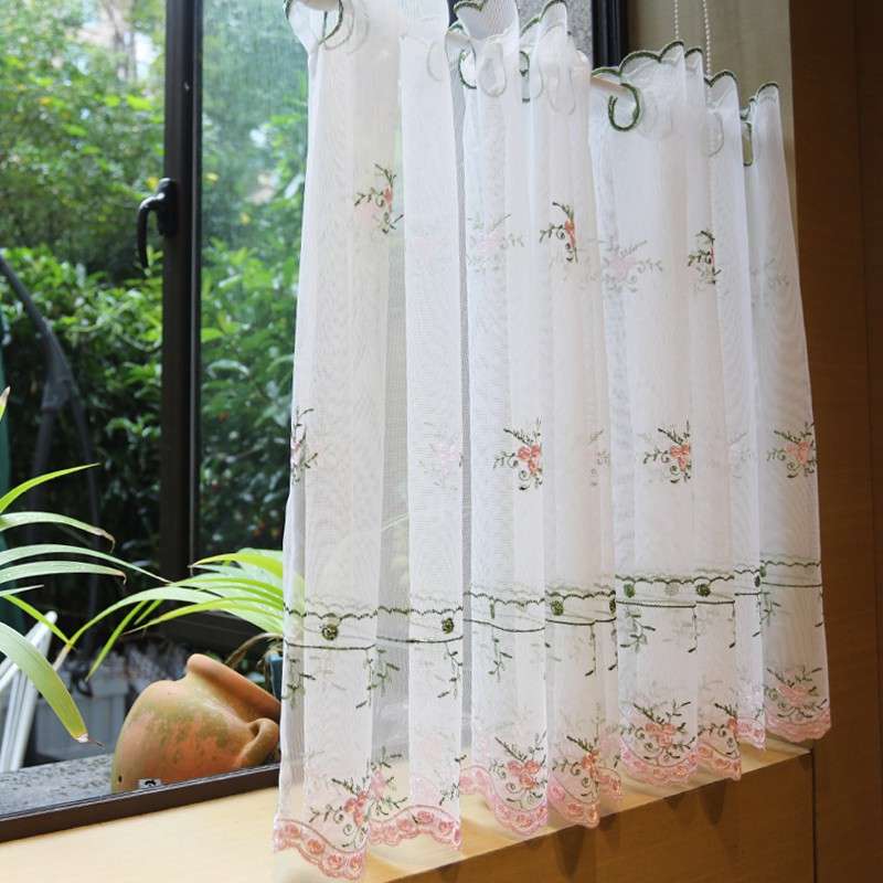 粉色花苞绣花半帘窗帘门帘美式乡村穿杆免打孔咖啡帘柜帘