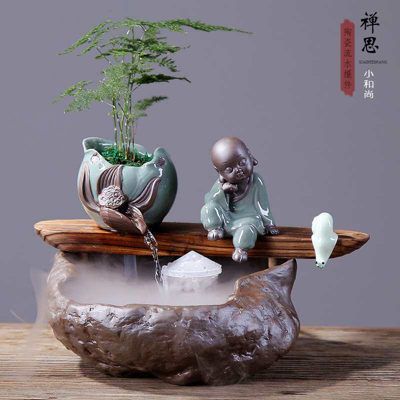 创意制作循环水养鱼流水摆件陶瓷客厅办公室桌面加湿器喷泉流水器