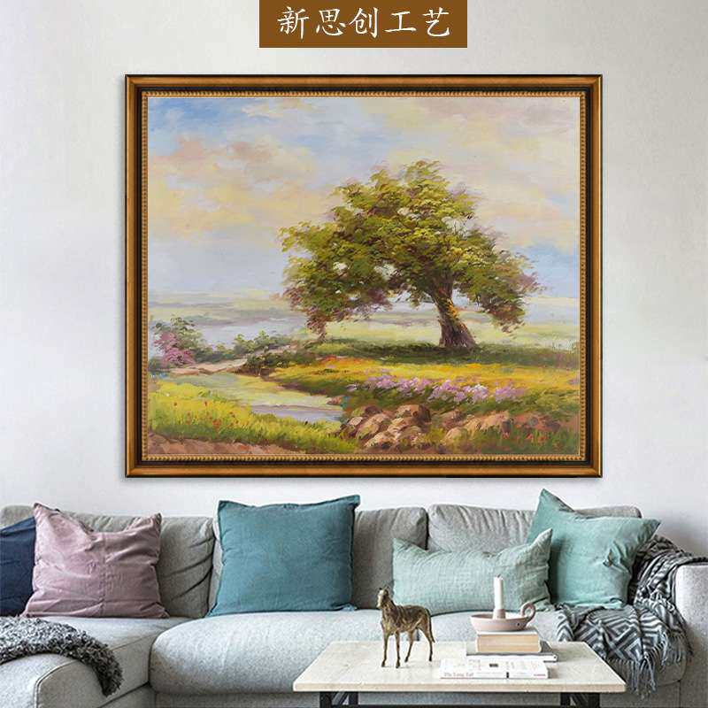 现货纯手绘风景油画新中式客厅玄关装饰画带框酒店客房挂画壁画