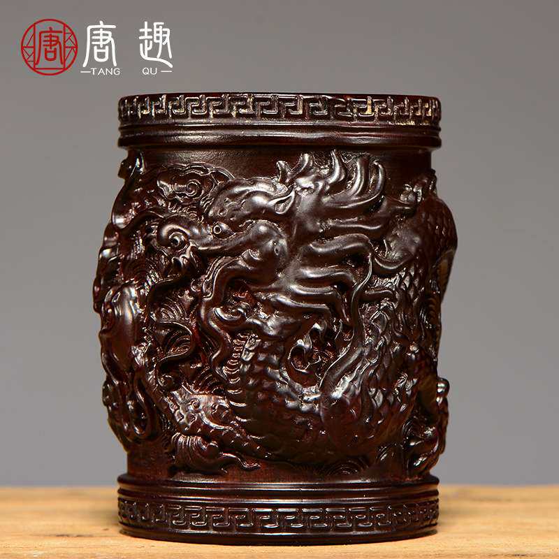 黑檀木雕祥龙笔筒摆件实木质雕刻工艺品家居办公室摆设送礼工艺品