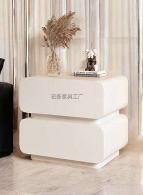 Hx2奶油风床头柜简约现代实木皮质床边柜小型卧室超窄极简迷你收