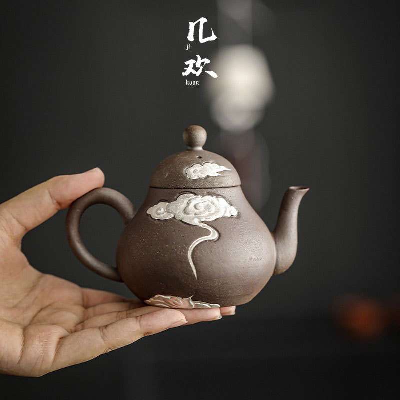 几欢岩矿陶泥浮雕祥云小号思亭茶壶手工描银工艺中式手持泡茶单壶