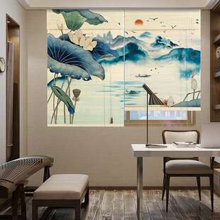 新中式印花竹帘山水画升降窗帘家用隔断门帘禅意茶室装饰背景画