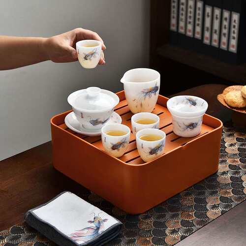 冰种羊脂玉瓷旅行茶具套装便携车载户外露营盖碗茶杯泡茶喝茶装备