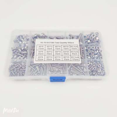 304不锈钢500pcs盒装套装M3M4M5盘头螺丝螺栓螺母 圆头内六角螺钉