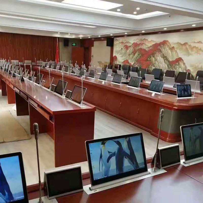 大型实木油漆智能会议桌长桌无纸化会议系统升降屏显示器办公条桌