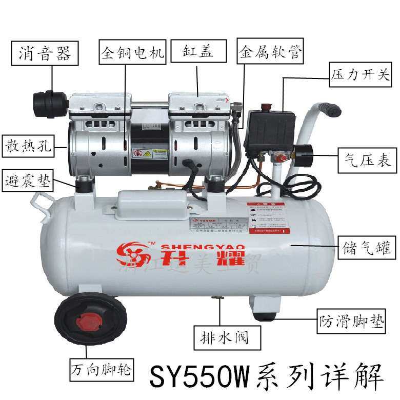 升耀无油静音空压机SY550W-25L家用吸尘充气泵静音小型气泵便携