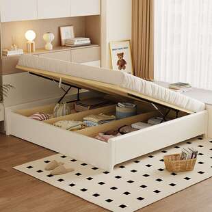 实力工厂现代简约气压高箱储物床无床头家用白色实木榻榻米落地床