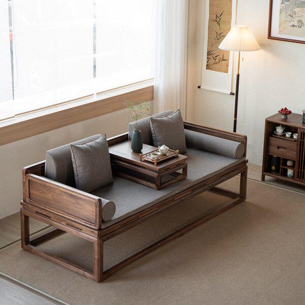 新中式罗汉床北美黑胡桃木实木沙发家具客厅老榆木禅意贵妃榻卧榻