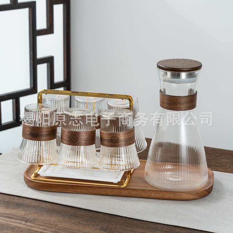 家用耐高温高硼硅玻璃冷水壶带托盘茶水壶凉水壶果汁壶杯子套装