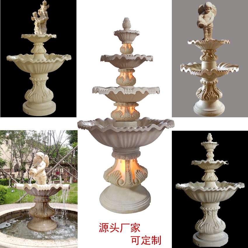 大型多层仿砂岩流水盆欧式树脂喷泉水景园林地产三层天使流水摆件