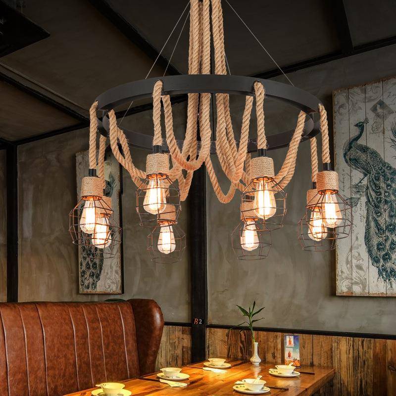 工业风麻绳吊灯创意餐厅酒吧复古吧台服装火锅美理发店铁艺麻绳灯