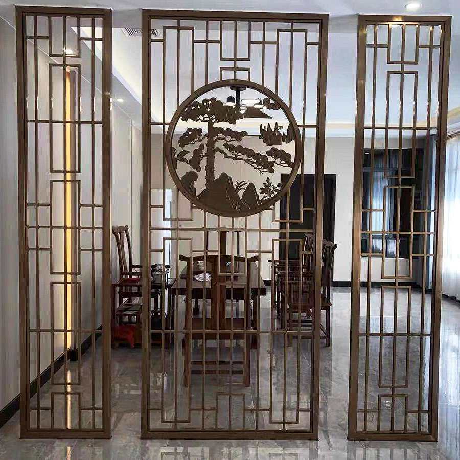 客厅入户金属镂空花格双面浮雕玄关隔断不锈钢中式迎客松屏风隔断