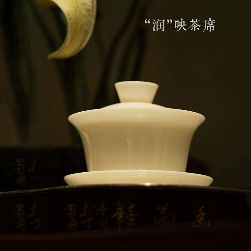 德化白瓷三才盖碗冰种玉瓷家用羊脂玉陶瓷大号防烫敬茶碗茶杯单个