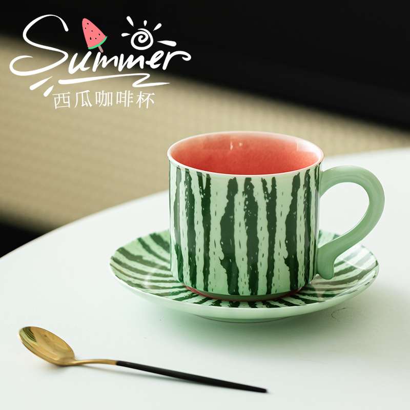 西瓜咖啡杯室内外创意清新家用下午茶杯碟陶瓷简约可爱泡茶杯茶具